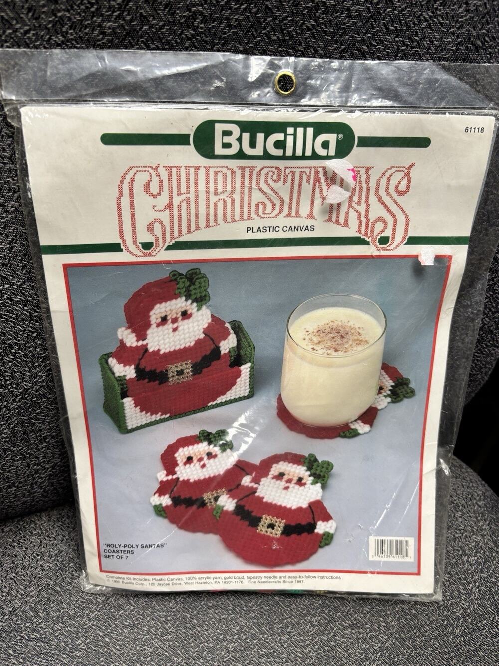 Vtg Bucilla Christmas Plastic Canvas Kit Coasters & Holder Roly Poly Santa NOS